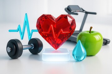 3D crystal heart with pulse line, treadmill, dumbbell, apple, water droplet and glowing base for heart wellness and cardio fitness