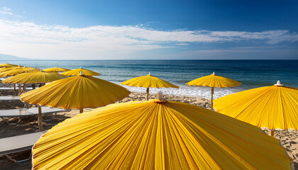 Yellow Beach Umbrellas On A Sunny Day