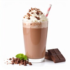 Cold Chocolate Milkshake with Cream Topping in Glass Isolated on White Background for Beverage Object, Refreshing Drink and Dessert Concept