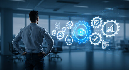 Man contemplates AI automation and technology in modern office