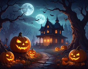 Spooky Halloween mansion with jack-o'-lanterns