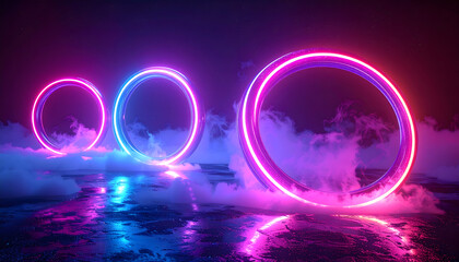 Neon Rings in Vapor: Three luminous neon rings float within a vapor-filled environment. Each vibrant circle exudes a futuristic vibe, highlighting the intersection of light and atmospheric artistry. 