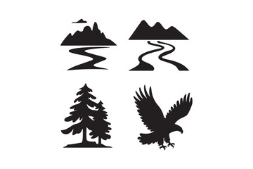 Black silhouette icons of nature mountains rivers tree and eagle