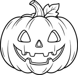 Black and white cartoon drawing of a happy Jack-o'-lantern pumpkin Halloween holiday