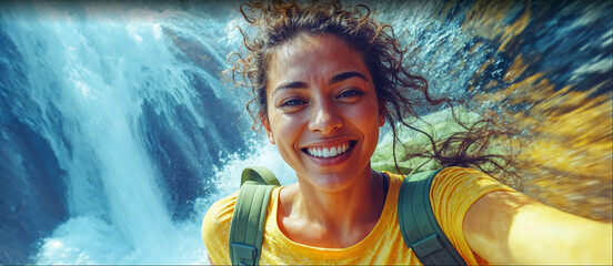 young tourist woman near a waterfall