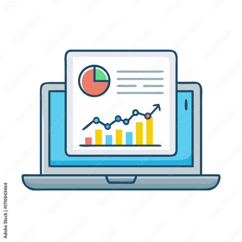 Poster laptop showing business growth chart graph and pie diagram for data analysis and financial report on