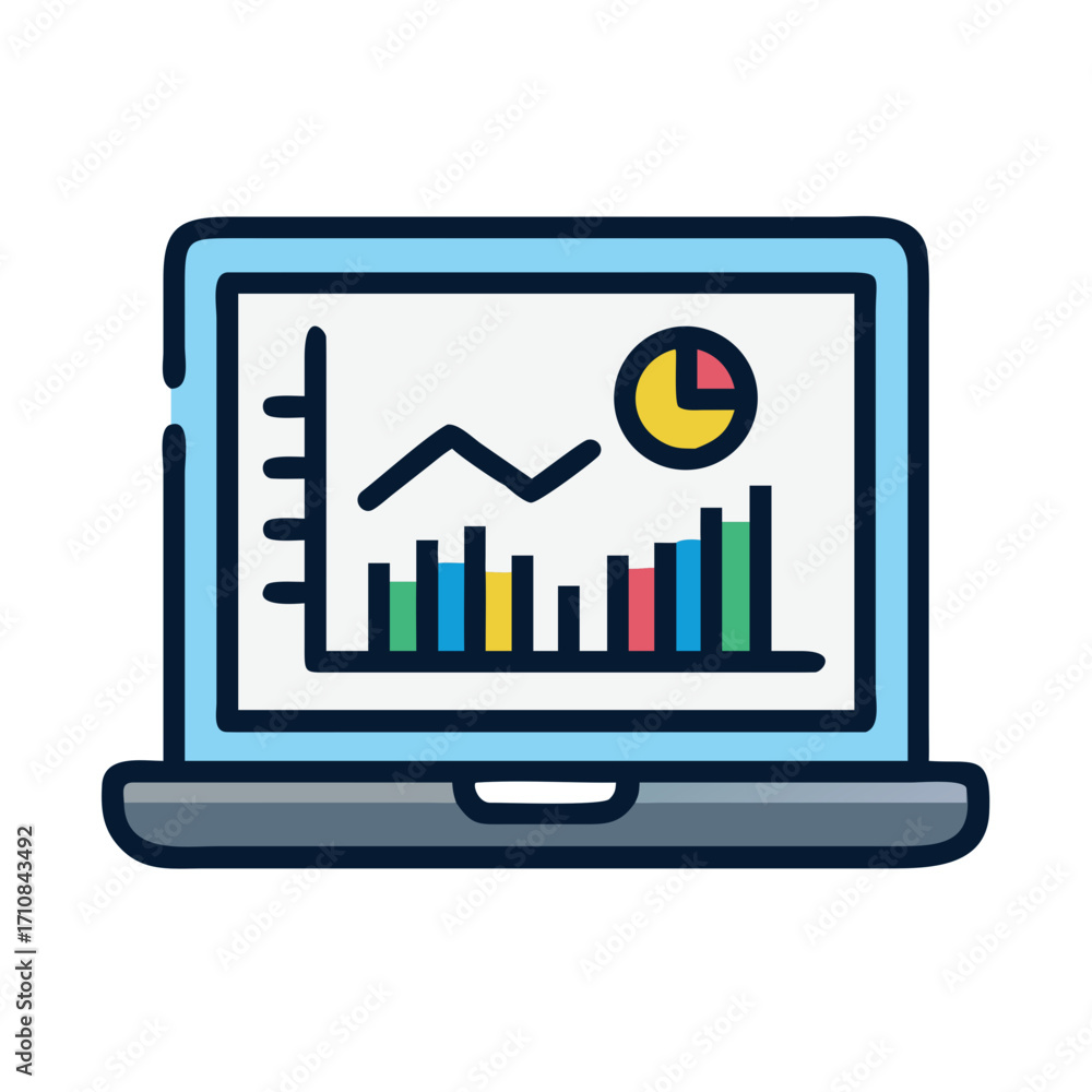 Poster laptop showing business data analytics and financial report graph and chart for growth and success