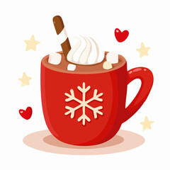Christmas Hot Chocolate Vector Illustration with Candy Cane, Whipped Cream, and Festive Mug