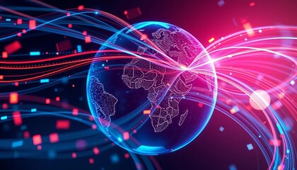 Abstract digital streams flowing across a futuristic globe, representing global data transfer, lines, globe