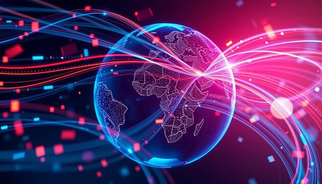 Abstract digital streams flowing across a futuristic globe, representing global data transfer, lines, globe