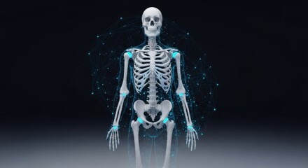 AI orthopedic model of a skeleton with a glowing wireframe overlay