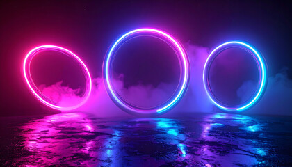 Neon Circles in an Abstract Environment: A vibrant composition features three luminous neon circles floating within a moody, atmospheric environment.