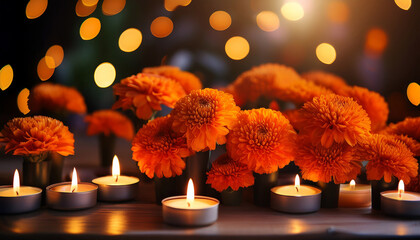 Vibrant Orange Marigolds And Glowing Candles Create A Serene Atmosphere For Celebration