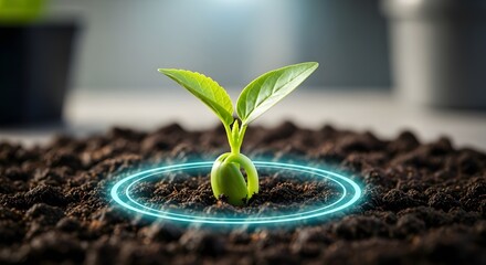 Close-Up of Green Seedling in Soil with Digital Glowing Circle