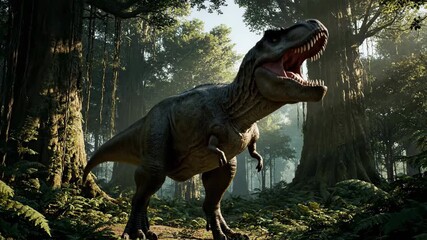 Tyrannosaurus Rex in a lush jungle - Powered by Adobe