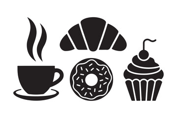 Black silhouette icons of coffee croissant donut and cupcake