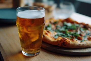 Refreshing glass of beer with delicious pizza on wooden table
