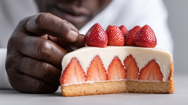 Dark-skinned chef with a focused mood decorating a strawberry cake with fresh berries against a bright, clean kitchen background.