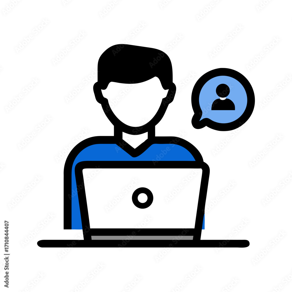 Poster online communication and support person using laptop for virtual assistant and customer service agen