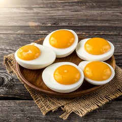 Cooked eggs arranged on a wooden plate