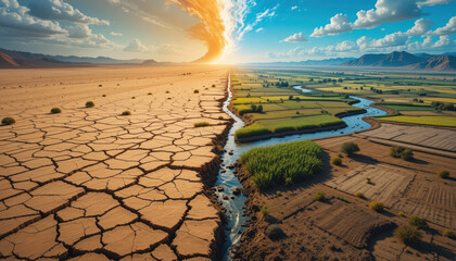 Dramatic climate change landscape desert and lush valley aerial photography natural environment scenic view transformation