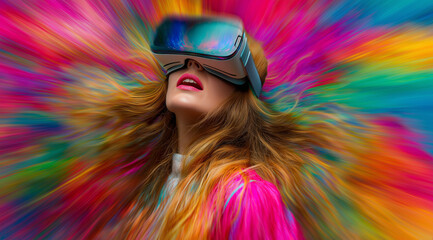 Girl in hi-tech VR glasses with elements of artificial intelligence. Background in a high-tech style. Shining lines and patterns resembling neural networks, connections, and digital circuits.	
