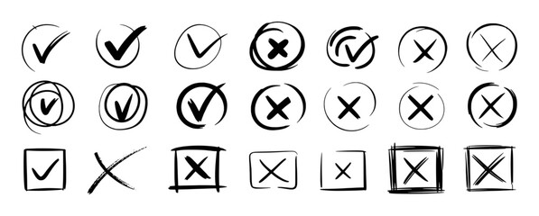 Collection of hand-drawn check marks and cross marks in circles and squares, black and white.