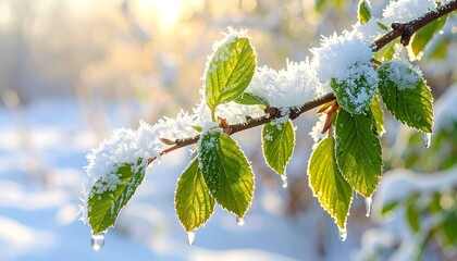 Delicate green leaves adorned with glistening snow crystals, illuminated by a warm winter sun.