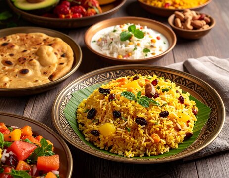 Healthy Navratri Dishes with Sabudana Khichdi, Kuttu Paratha, and Fruit Chaat on Traditional Plates