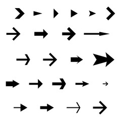 Collection of black arrow icons set isolated on white background, simple arrow symbols pointing right, navigation direction signs, forward icons, vector design elements for interface and web
