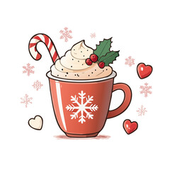 Christmas Hot Cocoa Vector Illustration with Candy Cane, Whipped Cream, and Festive Mug