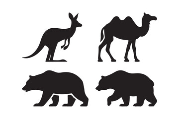 Four silhouette animals kangaroo camel bear wildlife