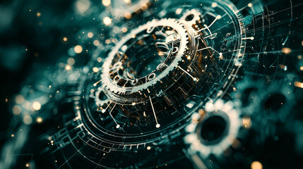 Complex sci fi laboratory design schematic with intricate mechanical gears and glowing elements, evoking futuristic and technological atmosphere