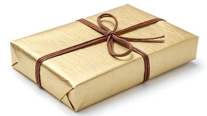 Elegant Gift Wrapped in Golden Paper with Brown Cord, Perfect for Celebrations and Thoughtful Giving.