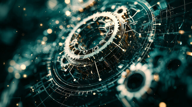 Complex sci fi laboratory design schematic with intricate mechanical gears and glowing elements, evoking futuristic and technological atmosphere
