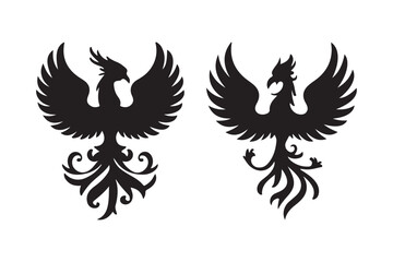 Two black silhouette phoenix birds facing each other