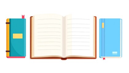 Two open notebooks, one teal and one light blue, lie side-by-side, displaying lined pages and decorative bookmark tabs, set against a bright white background.