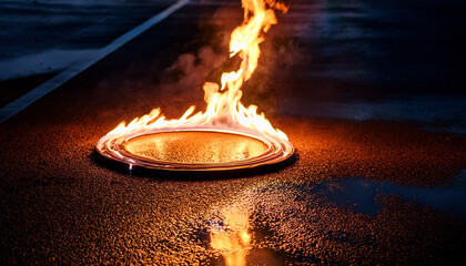 Ring Of Fire Burning On Wet Asphalt At Night Reflecting On The Ground