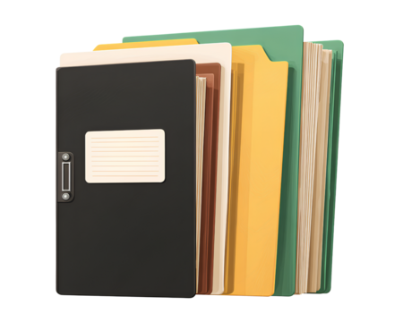 a set of office documents, such as a long black and brown file folder from the paper company with a white label on the front cover, green paper covers, and beige and yellow-colored pages png