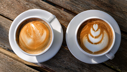Two White Cups With Lattes And Foam Artwork On A Wooden Surface