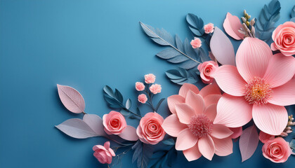 Stylized Pink Floral Arrangement On Blue Background For Design Use