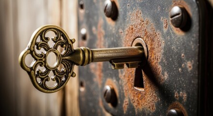 Close up of antique key inserted into old rusty keyhole. Antique key provides opening to lock and aged metal door. Concept antique key for vintage decoration, home security and secret room access,