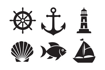 Nautical icons collection featuring ship wheel anchor lighthouse seashell fish and sailboat