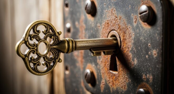 Close up of antique key inserted into old rusty keyhole. Antique key provides opening to lock and aged metal door. Concept antique key for vintage decoration, home security and secret room access,