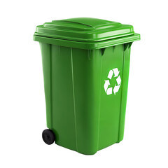 Photo of a green recycling bin with a recycling symbol on the side, isolated on transparent background