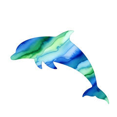 Fototapeta premium A vibrant dolphin silhouette leaps through the water. Its form filled with captivating watercolor textures, expressing the beauty of sea. 