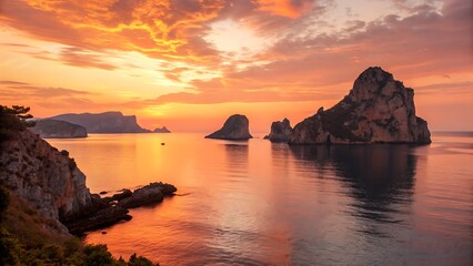 Dramatic Seascape at Sunrise with Rocky Cliffs, Golden Light and Calm Waters Reflecting the Fiery Sky.