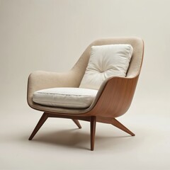 Naklejka premium Modern beige armchair with wood accents and white cushions sits on a light background. Contemporary lounge chair offers comfort and style for a chic living space.