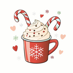 Christmas Hot Cocoa Vector Illustration with Candy Cane, Whipped Cream, and Festive Mug