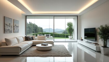 Bright spacious living room boasts modern design. White walls contrast nature view through glass doors. Sofa invites relaxation near round table. Minimalist decor, plants add organic touch. Serene